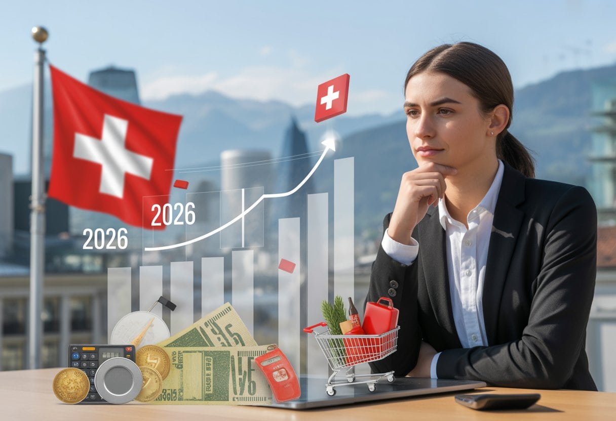 Eine nachdenkliche Person vor einer digitalen Anzeige mit Symbolen für steigende Löhne und sinkende Kaufkraft in einer Schweizer Stadtlandschaft.