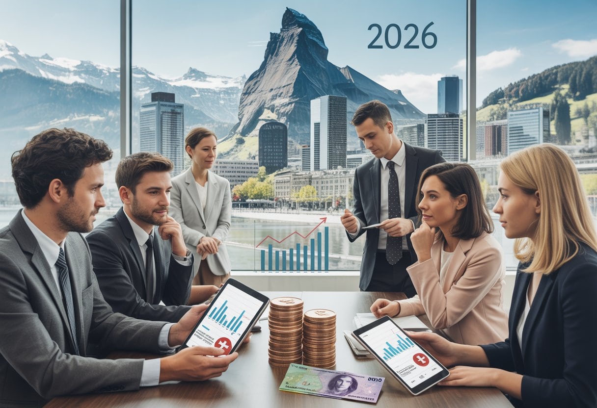 Mehrere Personen besprechen Finanzdokumente vor einer Schweizer Stadtlandschaft mit Bergen im Hintergrund.