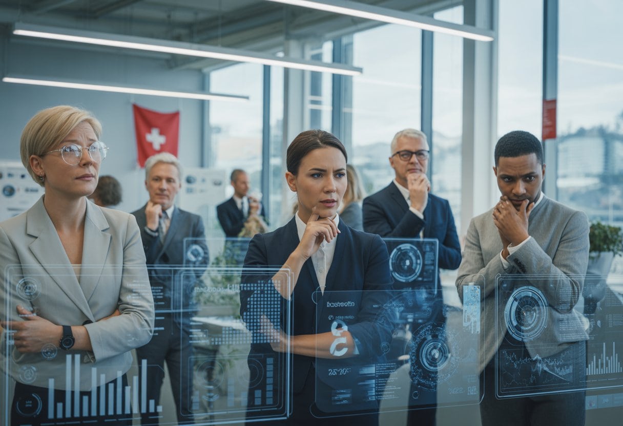 Eine Gruppe von Berufstätigen in einem modernen Büro in der Schweiz, die nachdenklich mit futuristischer KI-Technologie arbeiten.