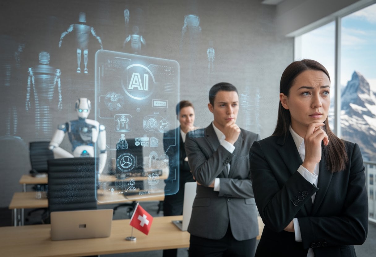 Büroszene mit besorgten Mitarbeitenden vor einem digitalen Hologramm, das KI und Automatisierung symbolisiert, mit Schweizer Alpen im Hintergrund.
