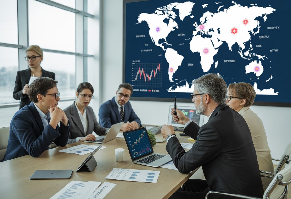 Geschäftsleute diskutieren in einem modernen Büro über internationale Handels- und Wirtschaftsthemen.