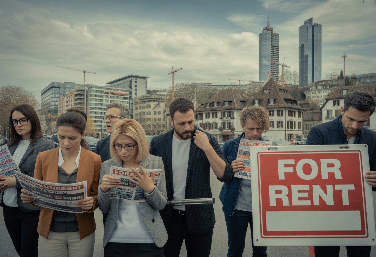 Menschen in Zürich schauen besorgt auf Wohnungsanzeigen vor einer Stadt mit Wohngebäuden und Baustellen.