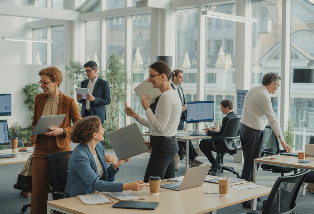 Mitarbeitende in einem modernen Büro in der Schweiz arbeiten gemeinsam an Schreibtischen und führen Gespräche.