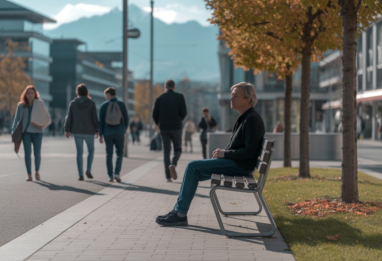 Eine nachdenkliche Person sitzt allein auf einer Bank in einem Park in der Schweiz, während andere Menschen im Hintergrund spazieren und sich unterhalten.