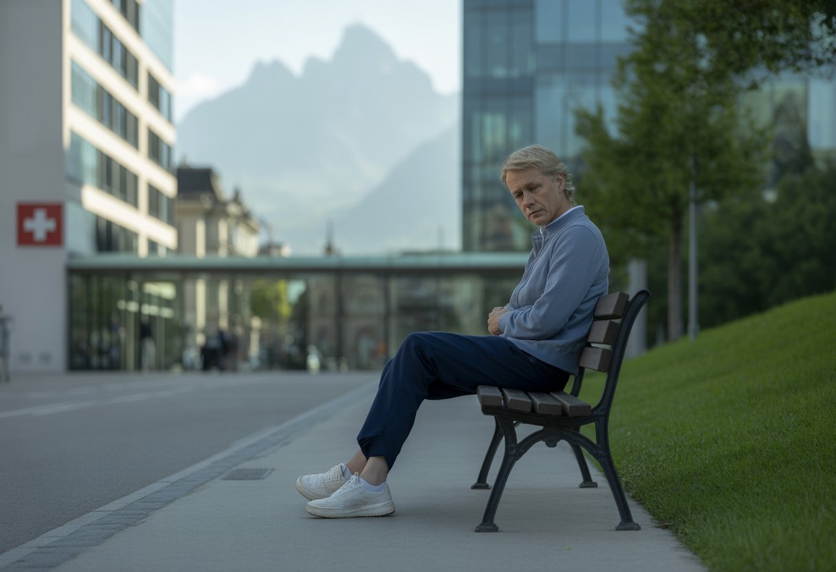 Eine einzelne Person sitzt nachdenklich auf einer Parkbank in einer modernen Schweizer Stadtlandschaft.