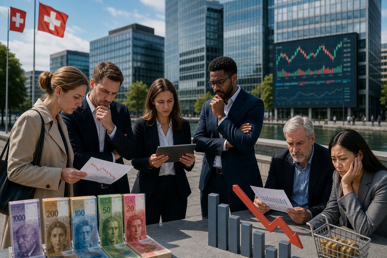 Eine Gruppe von Menschen in einem modernen Schweizer Finanzviertel diskutiert über wirtschaftliche Themen, während sie Finanzdokumente und digitale Geräte betrachten.