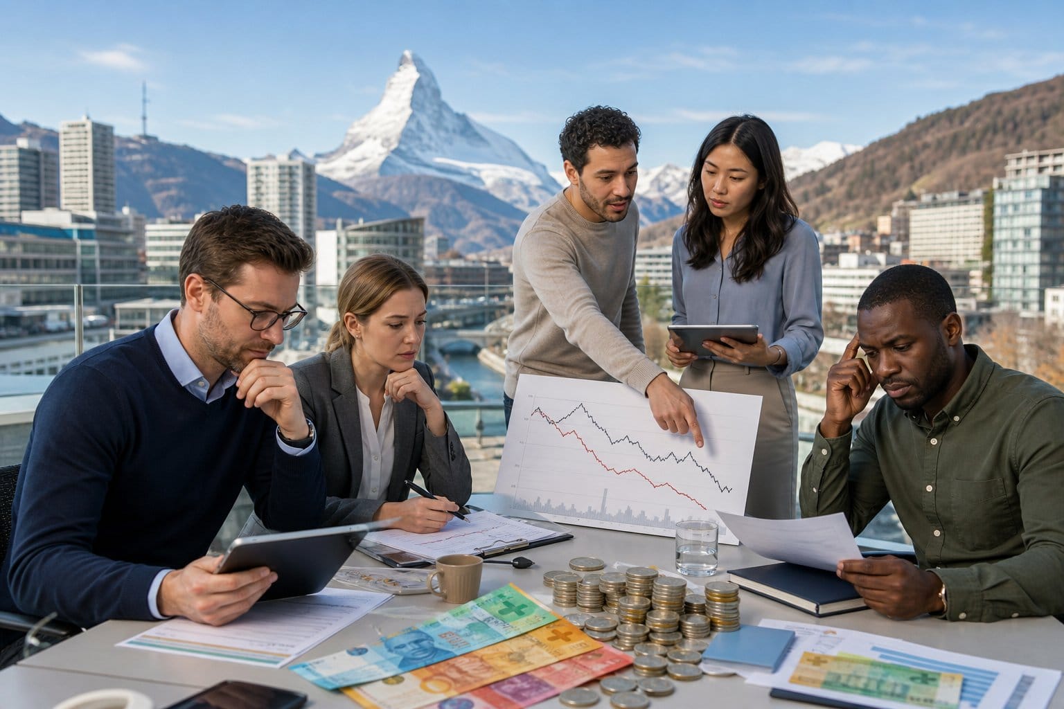 Eine Gruppe von Berufstätigen in einem modernen Schweizer Stadtbild diskutiert Finanzdaten und Lohntrends vor einer Kulisse mit Bergen.