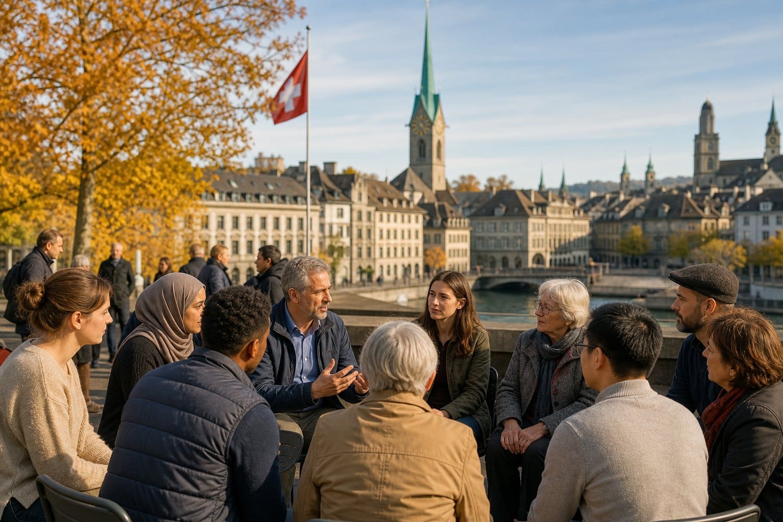 Eine Gruppe von Menschen diskutiert draußen in einer Schweizer Stadt im Herbst unter klarem Himmel.