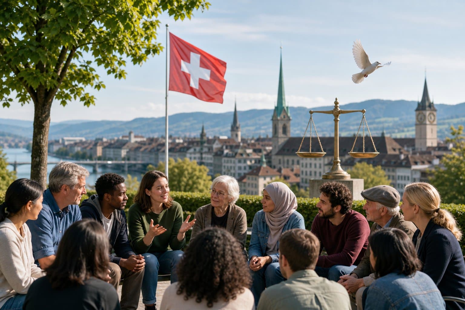 Eine Gruppe von Menschen diskutiert friedlich in einem Schweizer Stadtpark mit der Schweizer Flagge im Hintergrund.
