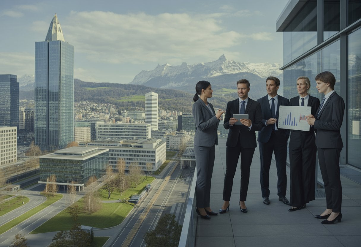 Geschäftsleute besprechen sich vor einem modernen Schweizer Bürogebäude mit den Alpen im Hintergrund.