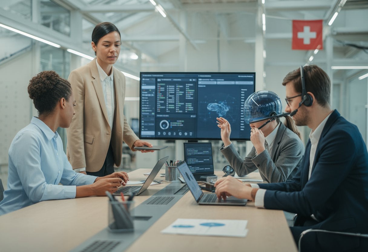 Ein vielfältiges Team arbeitet in einem modernen Schweizer Büro mit digitalen Arbeitsplätzen und KI-gestützten Arbeitsabläufen.