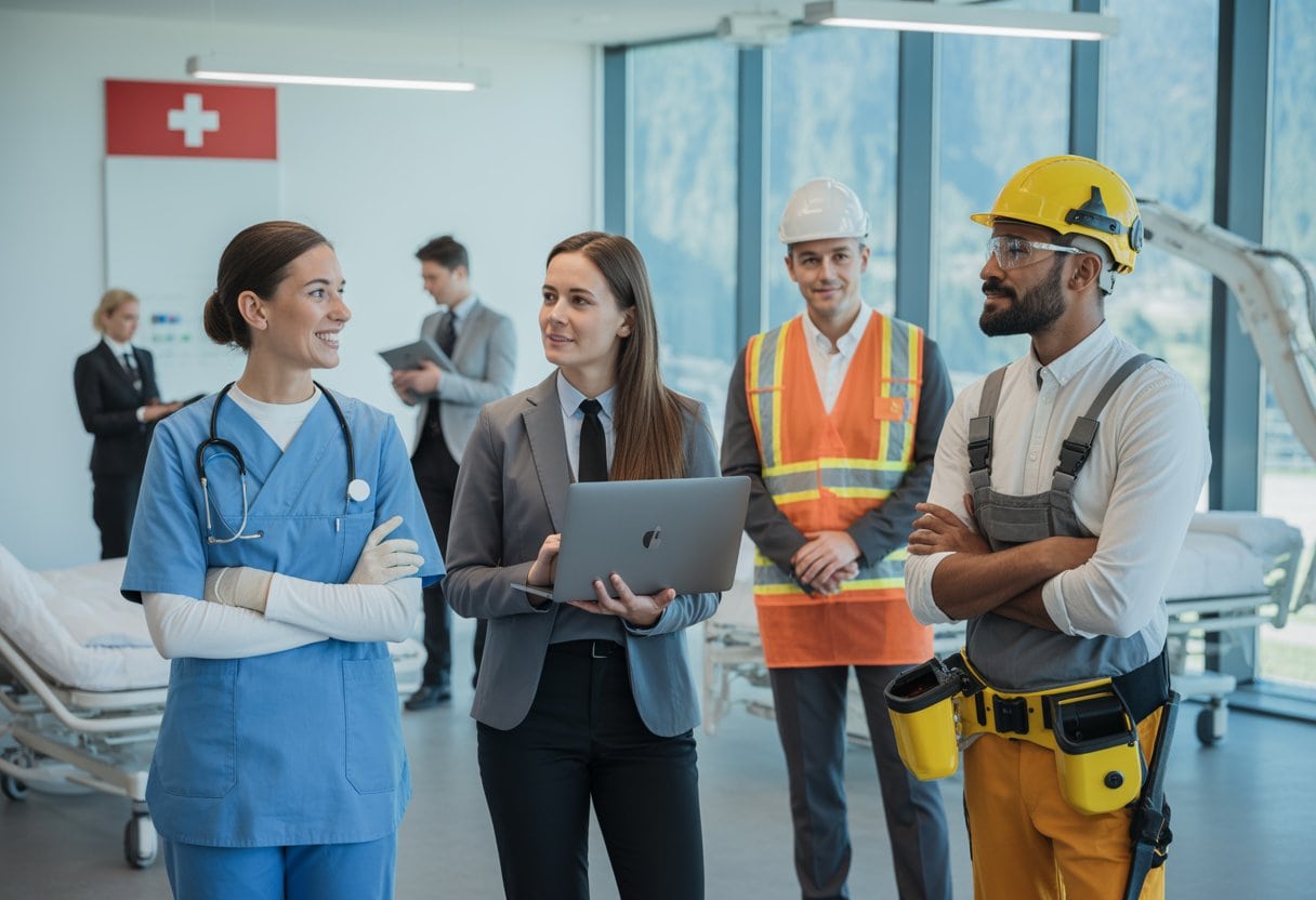 Eine vielfältige Gruppe von Fachkräften aus Gesundheitswesen, Bau, IT, Technik und Gastronomie arbeitet in einer modernen Schweizer Umgebung mit einigen freien Arbeitsplätzen.