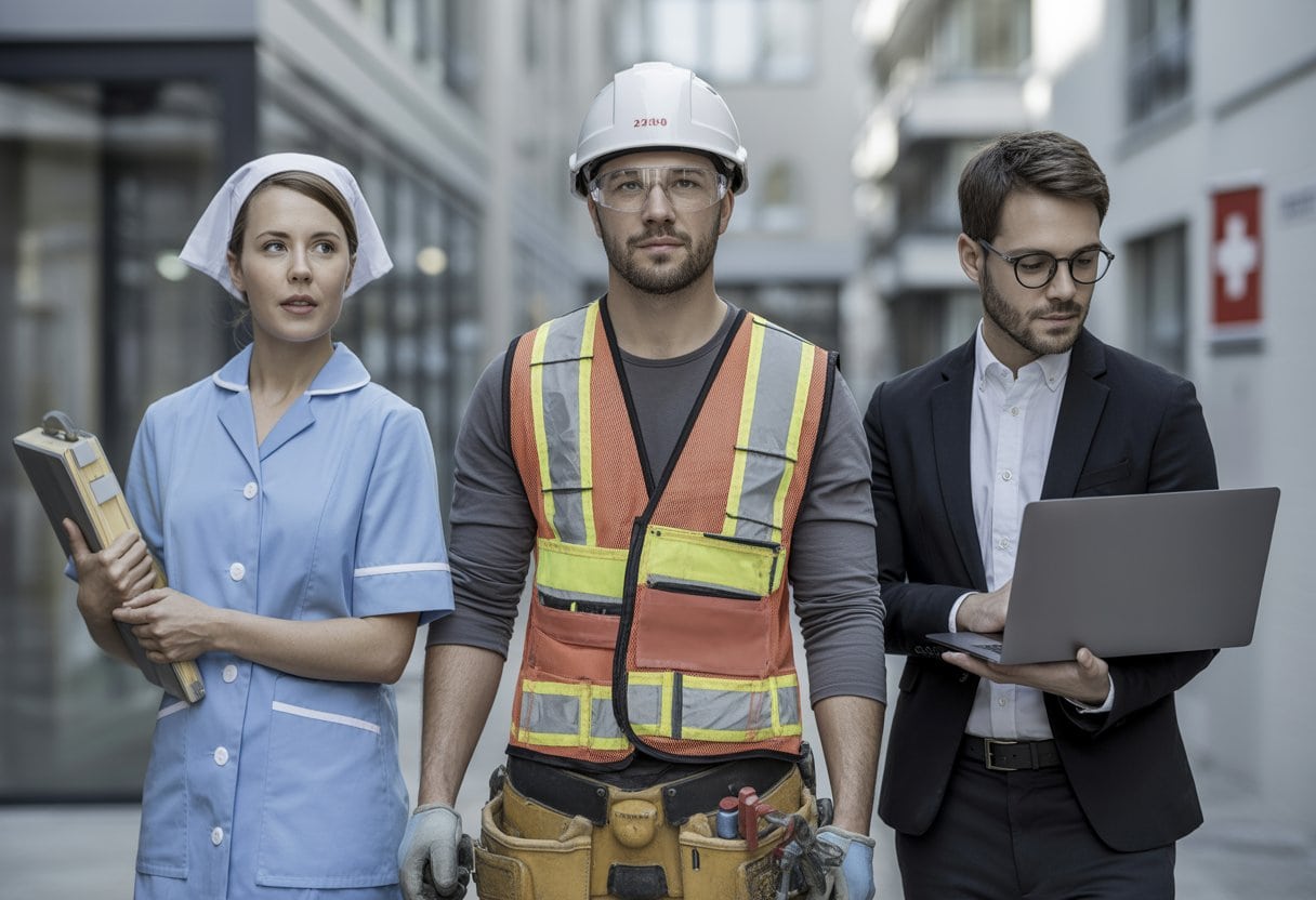 Drei Fachkräfte aus Pflege, Bau und Technik arbeiten gemeinsam in einer modernen Schweizer Umgebung.