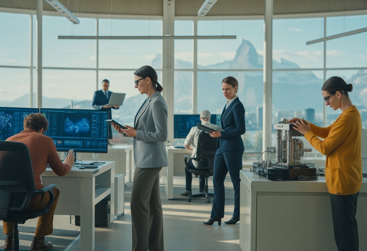 Diverse Fachkräfte arbeiten in einem modernen Schweizer Technologie- und Industrieumfeld.